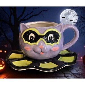 New Halloween Circus Purple / Green Cat W/ Bat Mask Coffee Tea Cup W/ Saucer